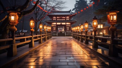 A beautiful landscape photo of a temple or shrine decorated with lanterns and other festive...