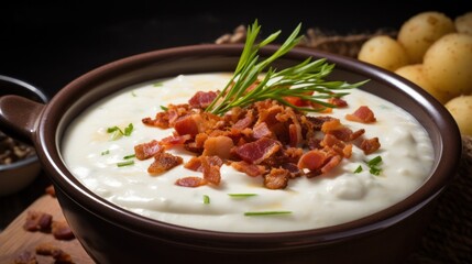 A creamy and comforting potato soup with bits of crispy bacon and a dollop of sour cream on top - obrazy, fototapety, plakaty