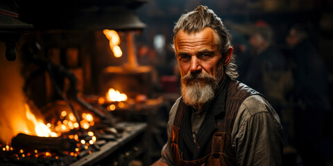 portrait of a middle aged blacksmith in his workshop with blurred background