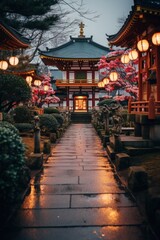 A beautiful landscape photo of a temple or shrine decorated with lanterns and other festive decorations