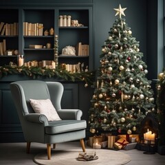 Obraz premium A cozy living room with a decorated Christmas tree and a comfortable armchair