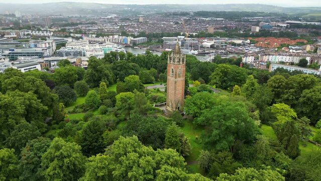 Aerial view of Cabot Tower in Bristol city, England, United Kingdom