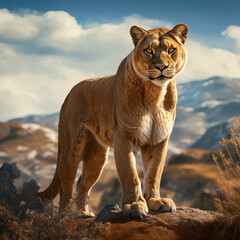 The puma stands proudly in Patagonia. detailed. cinematic. Unusual background. Beautiful nature.