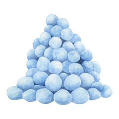 Heap of snow balls. Children's watercolor illustration on a white background.