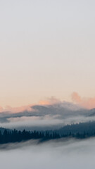 Fototapeta na wymiar Photo of a picturesque landscape overlooking mountain forests. Dawn in the mountains. Fog covering everything around. Travel to quiet and serene places. Can be used as banner background, wallpaper.
