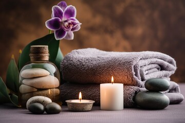 Fototapeta na wymiar Towel on fern with candles and black hot stone on wooden background. Beauty spa