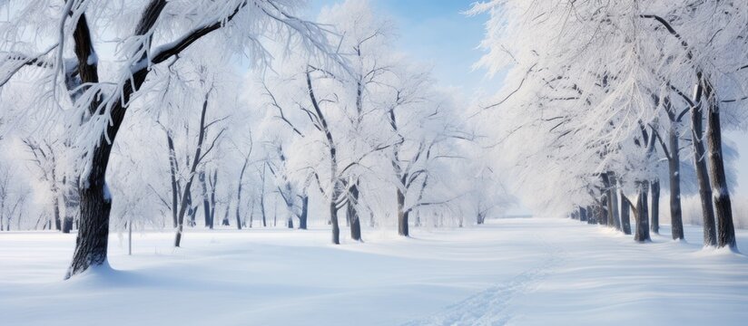 In the heart of Siberia, Omsk's park transforms into a tranquil winter wonderland, with the nature cloaked in a pristine white layer of snow and frost, creating an atmospheric setting. The cold and