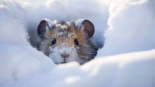 A lemming looking around in the white snow of the tundra with only its face exposed.