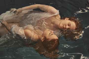 Portrait of two girls in white on the surface of the water