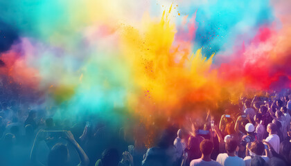 Obraz na płótnie Canvas Festival of Colors Crowd of people throwing paints at the sky , happy holi indian concept