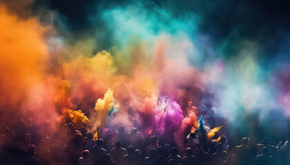 Fototapeta na wymiar Festival of Colors Crowd of people throwing paints at the sky , happy holi indian concept