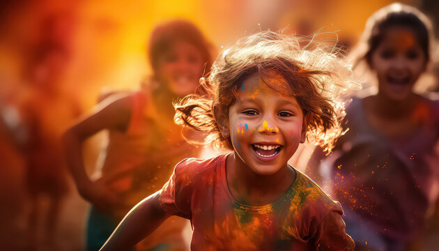 Kids playing with paints and dust on the street , happy holi indian concept