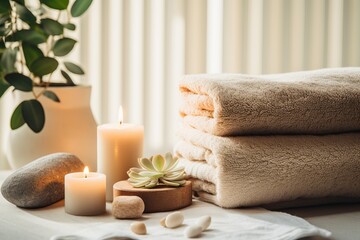 Obraz na płótnie Canvas Towel on fern with candles and black hot stone on wooden background. Beauty spa