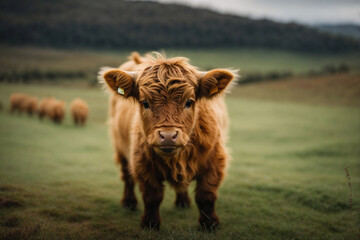 A charming and adorable baby highland cow, autumn colors