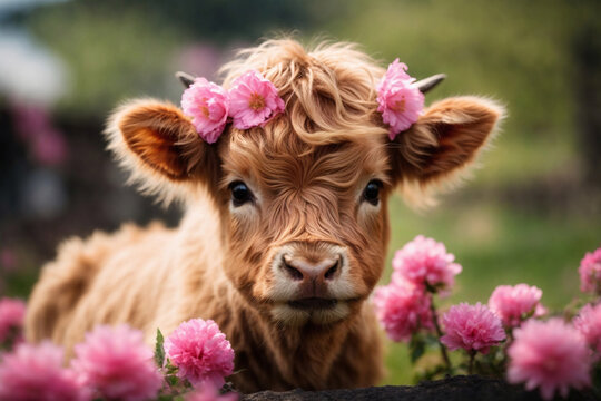 Cute baby highland cow, spring pink flowers on her head
