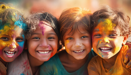 Indian kids playing with paint on their face , happy holi indian concept - obrazy, fototapety, plakaty
