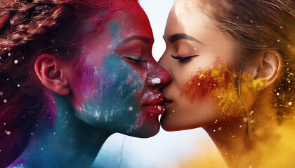 Two women kissing in paint at the festival , happy holi indian concept - obrazy, fototapety, plakaty