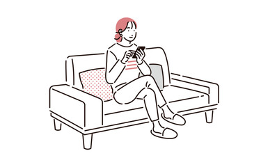 ソファに座ってスマホを操作する女性 - obrazy, fototapety, plakaty