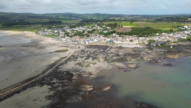 Aerial view of Marazion town in Cornwall, England, United Kingdom