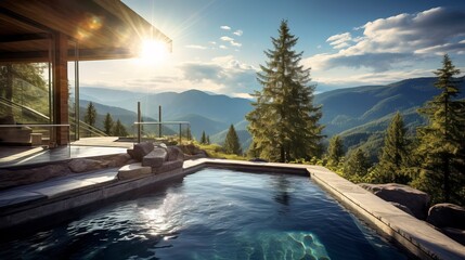 Luxurious jacuzzi in a mountain hotel overlooking the forest and mountain landscape. AI Generation