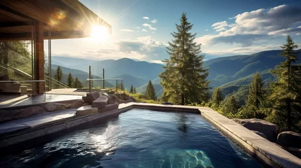 Badkamer foto achterwand Schoonheidssalon Luxurious jacuzzi in a mountain hotel overlooking the forest and mountain landscape. AI Generation