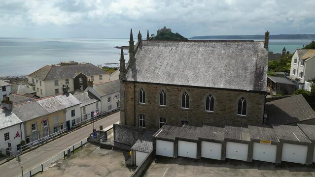 Aerial view of Marazion town and St Michael's Mount, Cornwall, England, UK