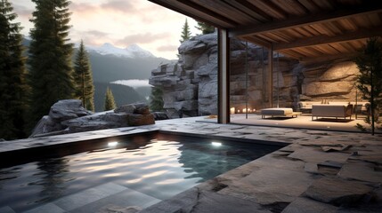 Luxurious jacuzzi in a mountain hotel overlooking the forest and mountain landscape. AI Generation - obrazy, fototapety, plakaty