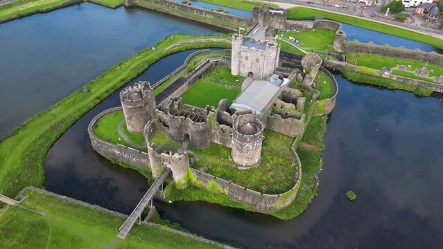 Aerial shot of Caerphilly Castle (Welsh: Castell Caerffili) in Wales, UK