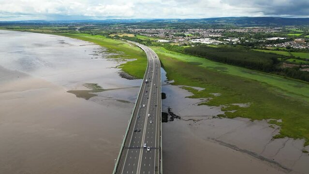 Drone shot of Prince of Wales Bridge between England and Wales, United Kingdom