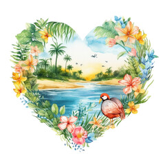 Obraz na płótnie Canvas Tropical beach within heart-shaped floral border on transparent background. Concept: Love for summer travel.