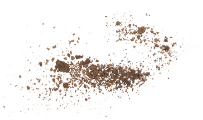 Fototapeta premium Pile of soil, dirt scattered isolated on white background and texture, top view