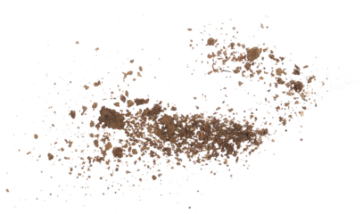 Pile of soil, dirt scattered isolated on white background and texture, top view
