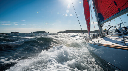 bateau de plaisance à voile pris en photo au ras de l'eau par un temps clair et dégagé en mer proche des côtes