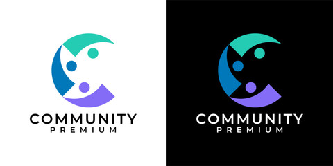Fototapeta premium Letter C logo design vector template. Initial letter C community group logo. Three people forming letter C logo for business, discussion, together, union.