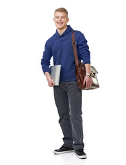 Briefcase, laptop and portrait of man in studio with elegant, stylish and fancy outfit. Fashion, computer and happy young male model with cool and modern student style isolated by white background.