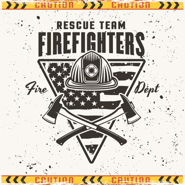 Firefighters vector emblem, badge or label design illustration in vintage style on background with grunge textures