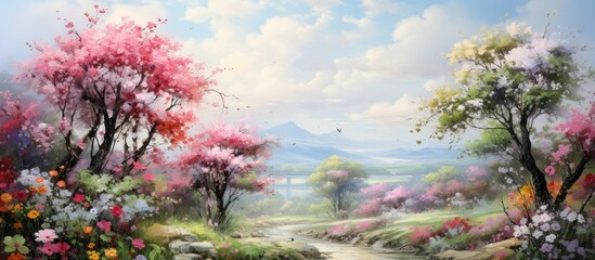In the picturesque landscape of spring, the vibrant floral beauty unfolds, as pink and blue flowers dance among the green foliage of the trees, painting a colorful portrait against the clear blue sky