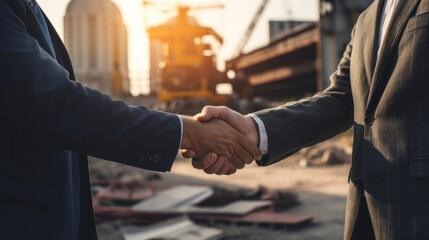 a Businessman and engineer handshaking at construction site. - obrazy, fototapety, plakaty
