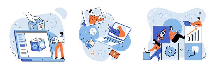 Online team vector illustration. The remote team meeting enabled seamless communication despite distance The digital revolution transformed way business meetings were conducted The connection
