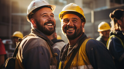 A happy construction workers wearing uniforms on construction site.