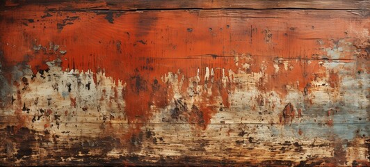 Weathered Memories: Aged Wooden Surface with Peeling Red and White Paint