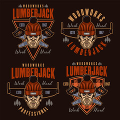 Obraz premium Lumberjack head in knitted hat set of vector emblems in colored style on dark background