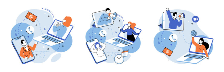 Online team vector illustration. The online community served as hub for business professionals to connect The remote meeting provided convenient way to collaborate across distances The digital tools - obrazy, fototapety, plakaty