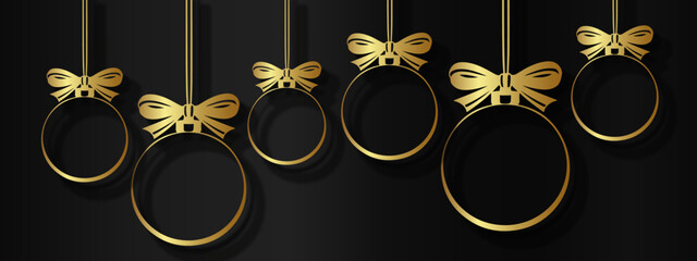 Merry Christmas ornaments decoration holiday celebration greeting card banner vector long - Gold papercut silhouette of golden metallic christmas baubles, isolated on black background with gradient