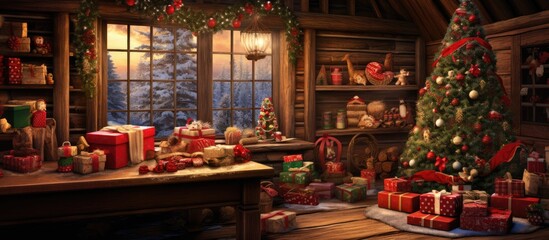 In the vintage wood cabin, a Christmas tree adorned with red and green ornaments stood tall, surrounded by the aroma of festive food and candy. A stack of wrapped gifts, neatly placed on the paper