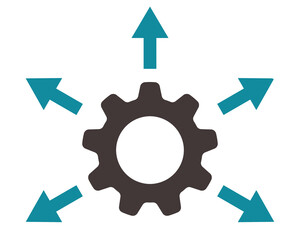 Gear distribution vector icon, style is a bicolor flat symbol, gray and blue, rounded corners, white background.