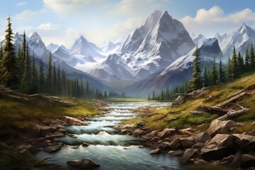 A Majestic Mountain Landscape With a Serene Stream Flowing Through It