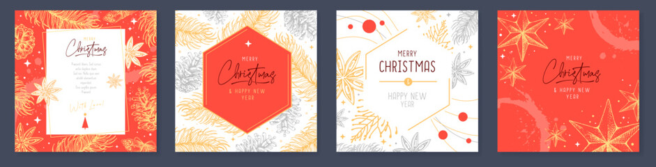 Set of Christmas holiday greeting cards or covers with floral desoration. Vector illustration