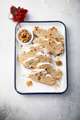 Traditional homemade Christmas stollen with nuts
