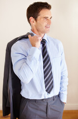 Business man, ideas and suit in studio in jacket, corporate clothes and problem solving by white background. Entrepreneur, financial advisor and smile for strategy, thinking and investment agency